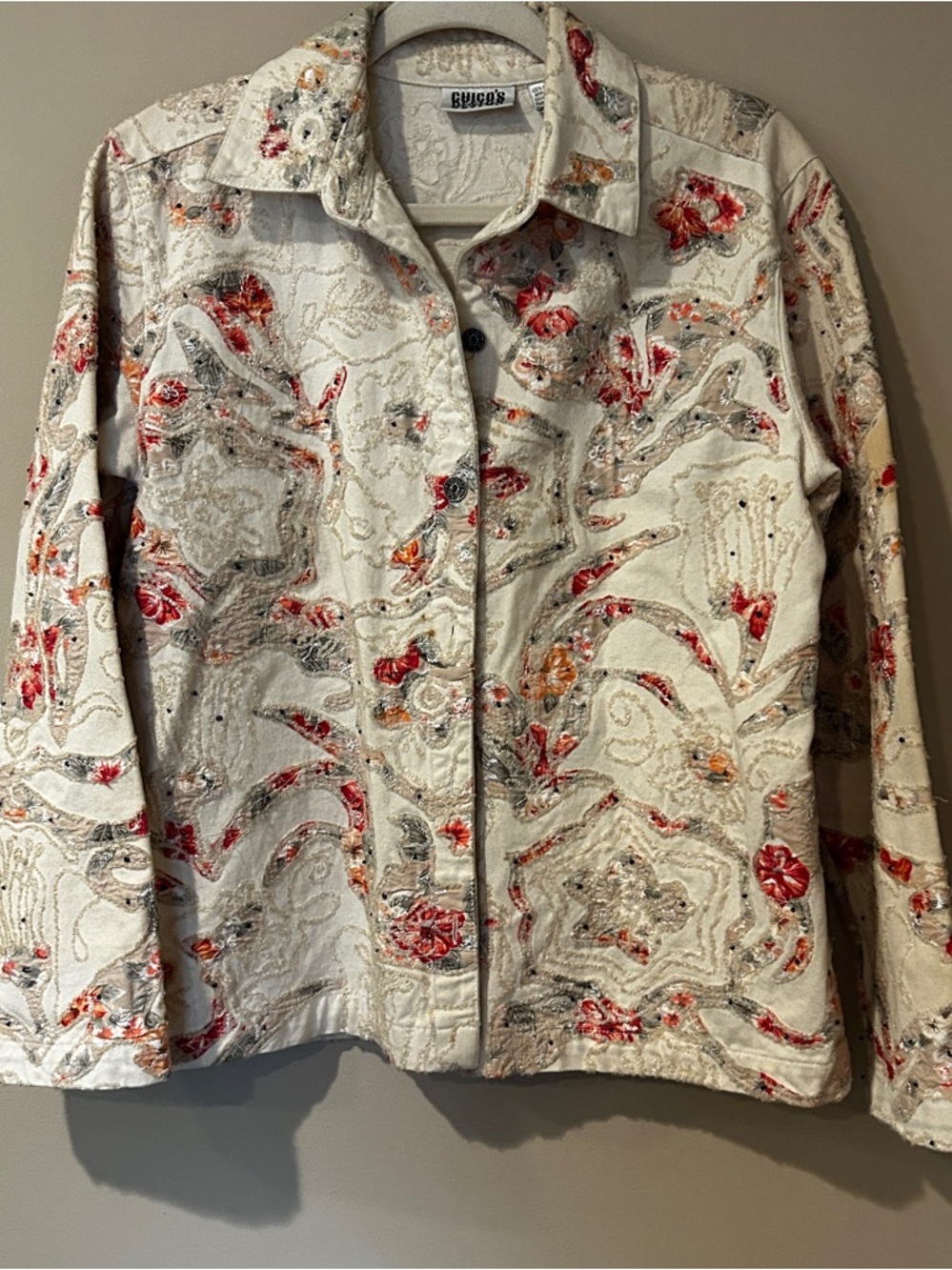Chico's Cream Floral Embroidered Button-Down Jacket